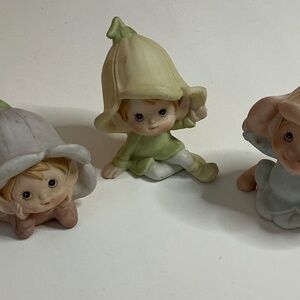 Homeco vintage  3 garden pixies flower hats ceramic figurines